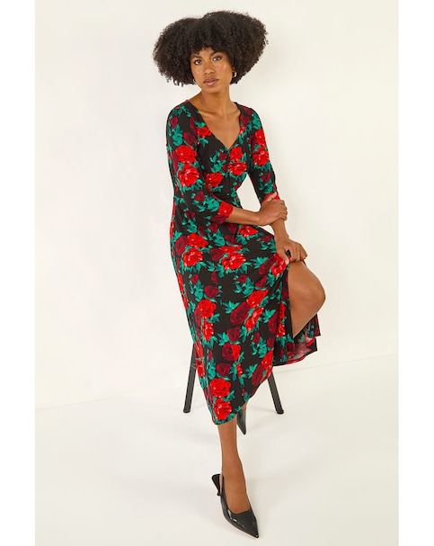 Roman Rose Ruched Midi Dress