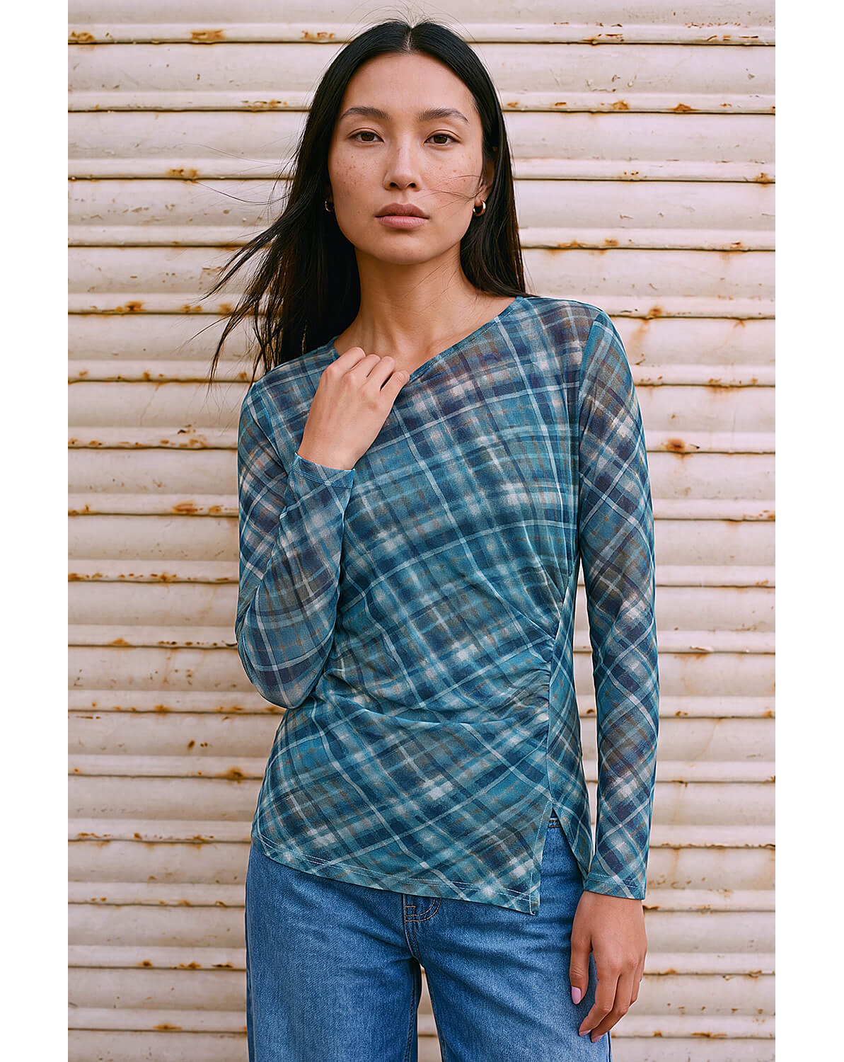 Roman Check Mesh Print Gathered Top