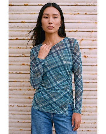 Roman Check Mesh Print Gathered Top