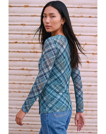 Roman Check Mesh Print Gathered Top