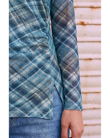 Roman Check Mesh Print Gathered Top