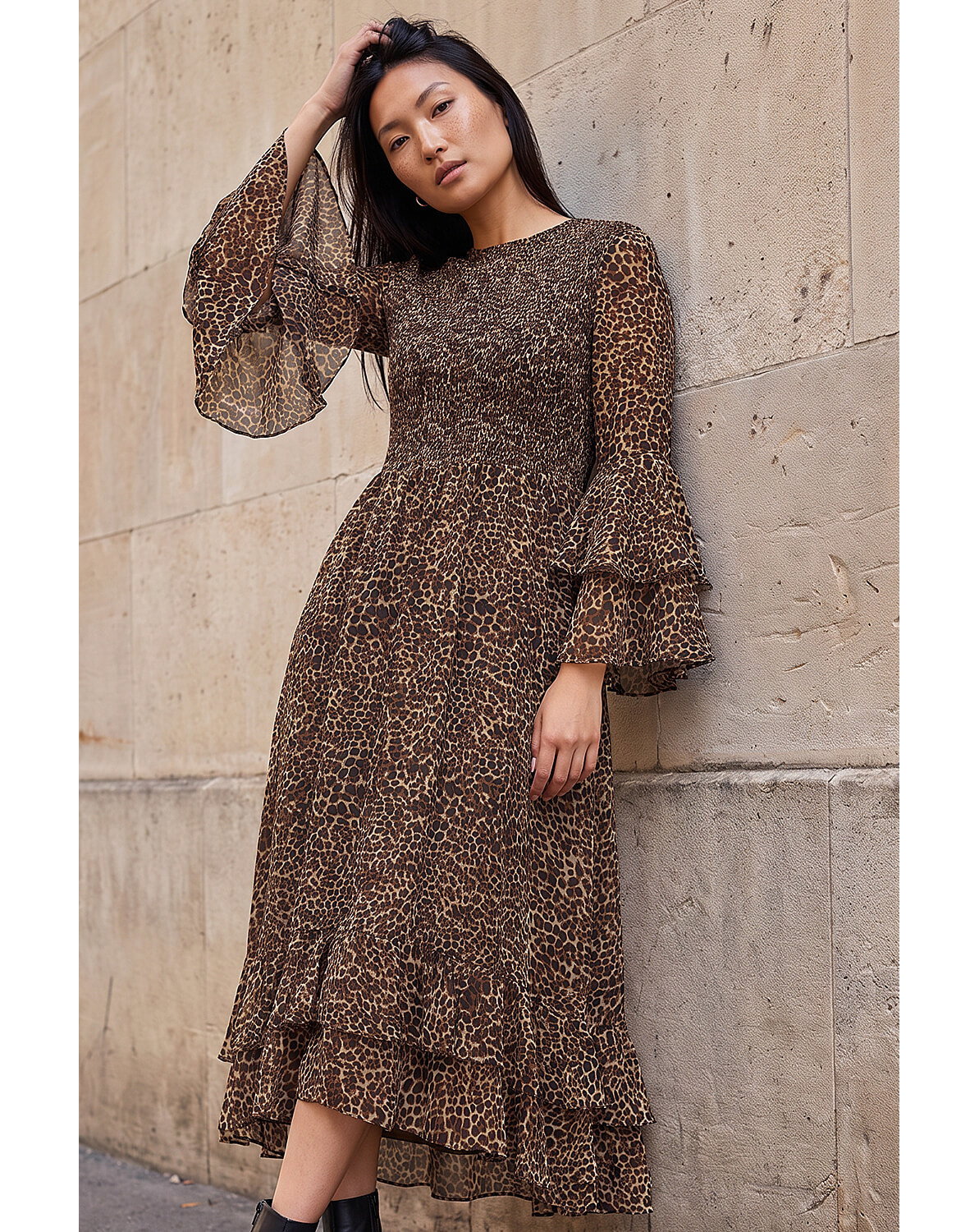 Roman Animal Frill Sleeve Midi Dress