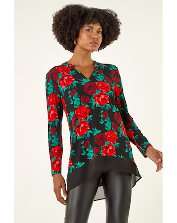 Roman Floral Print V-Neck Chiffon Top