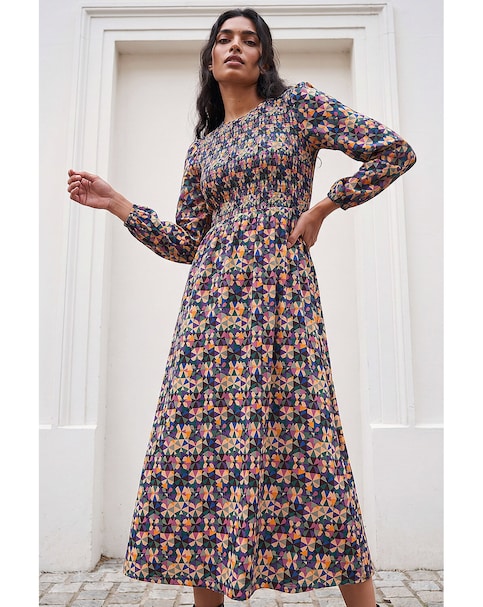 Roman Geometric Print Shirred Midi Dress
