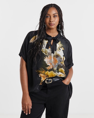 Religion Tie Neck Floral Graphic Blouse