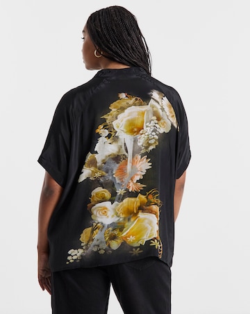 Religion Tie Neck Floral Graphic Blouse