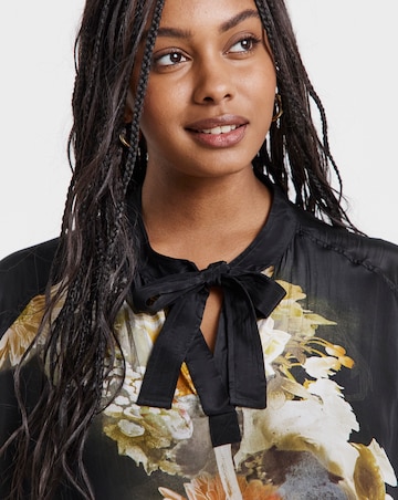 Religion Tie Neck Floral Graphic Blouse