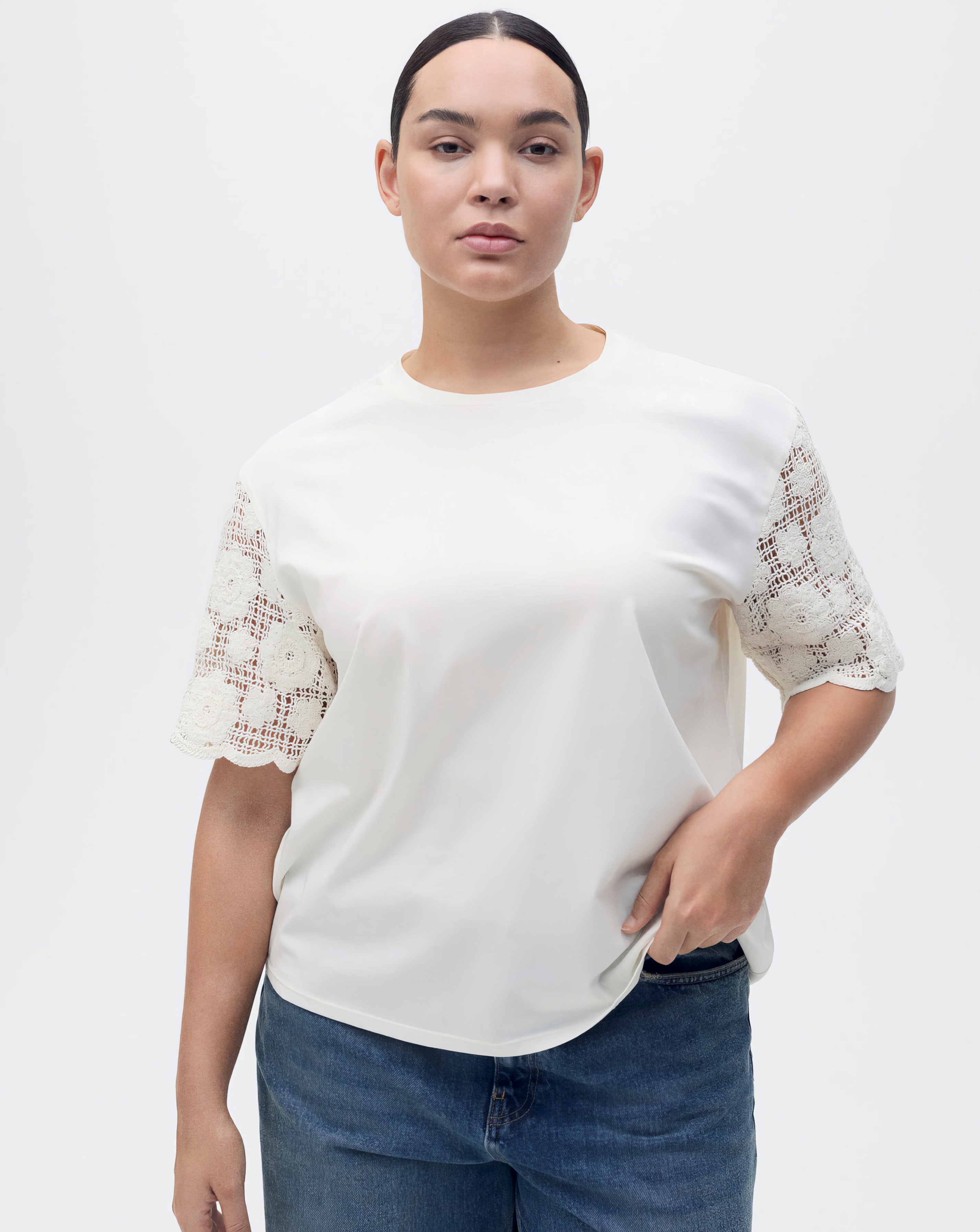 Mango Crochet Sleeve Cotton T-Shirt
