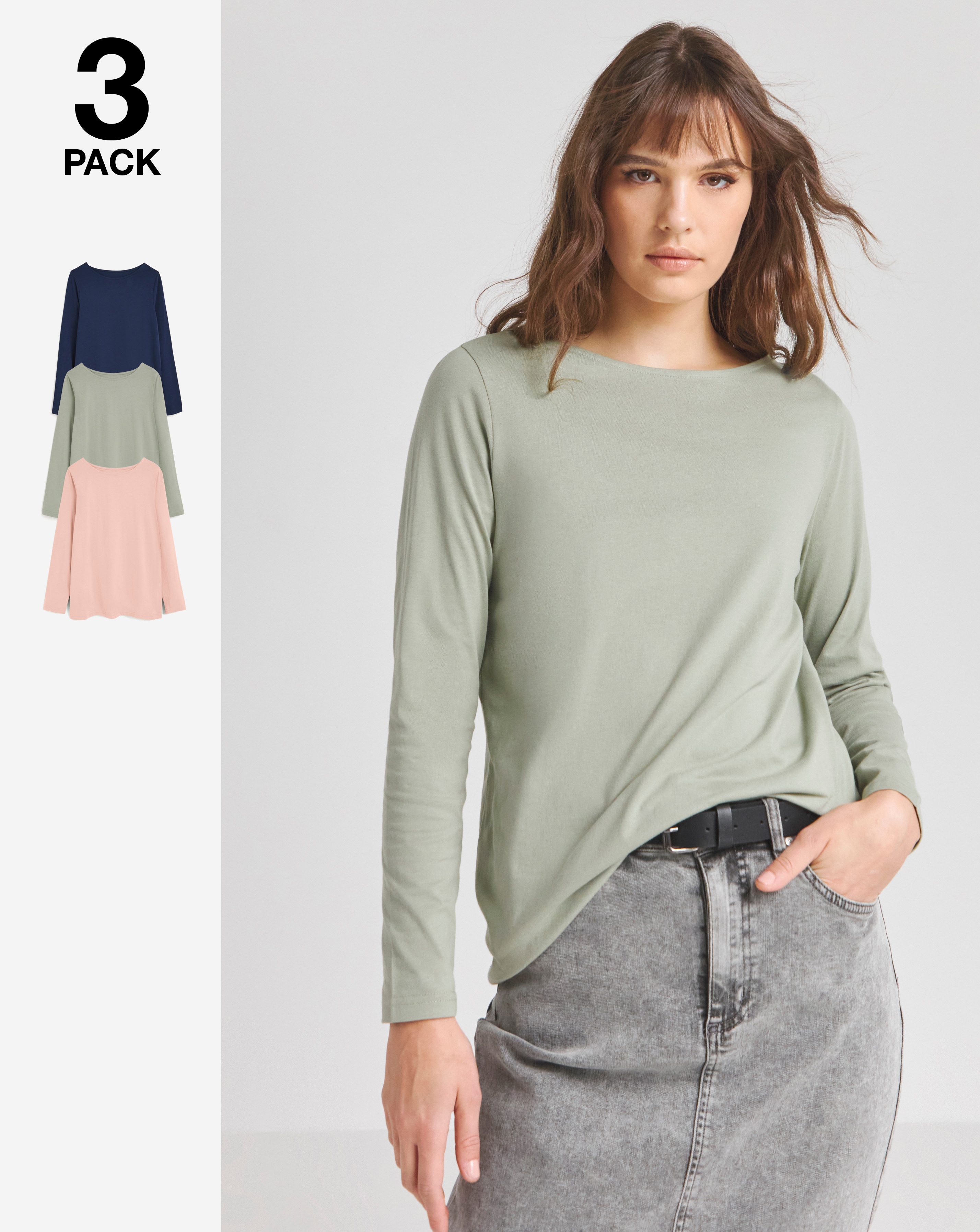 Navy,Sage & Peach 3 Pack Slash Neck Tops
