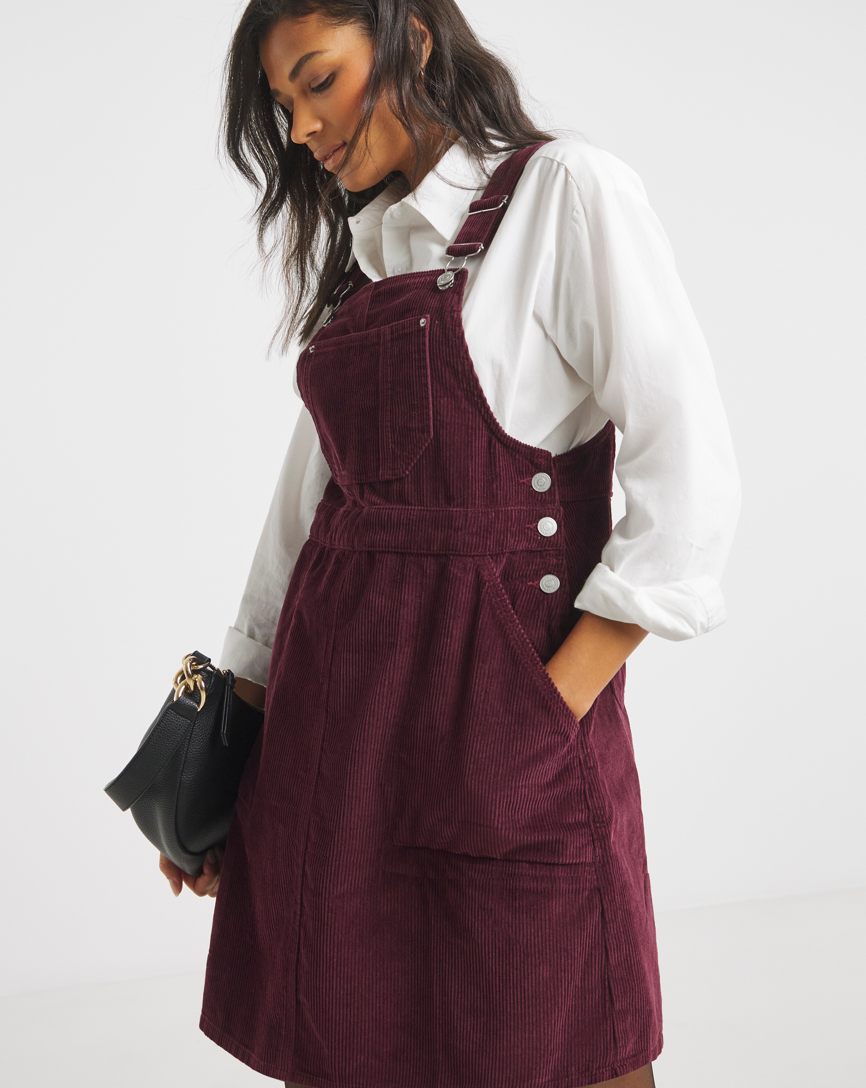 SBE Burgundy Cord Mini Dungaree Dress