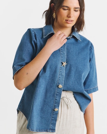 Mid Wash Statement Button Denim Blouse