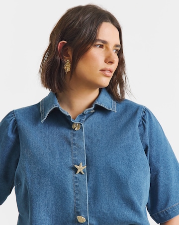 Mid Wash Statement Button Denim Blouse