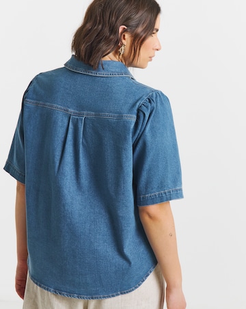 Mid Wash Statement Button Denim Blouse