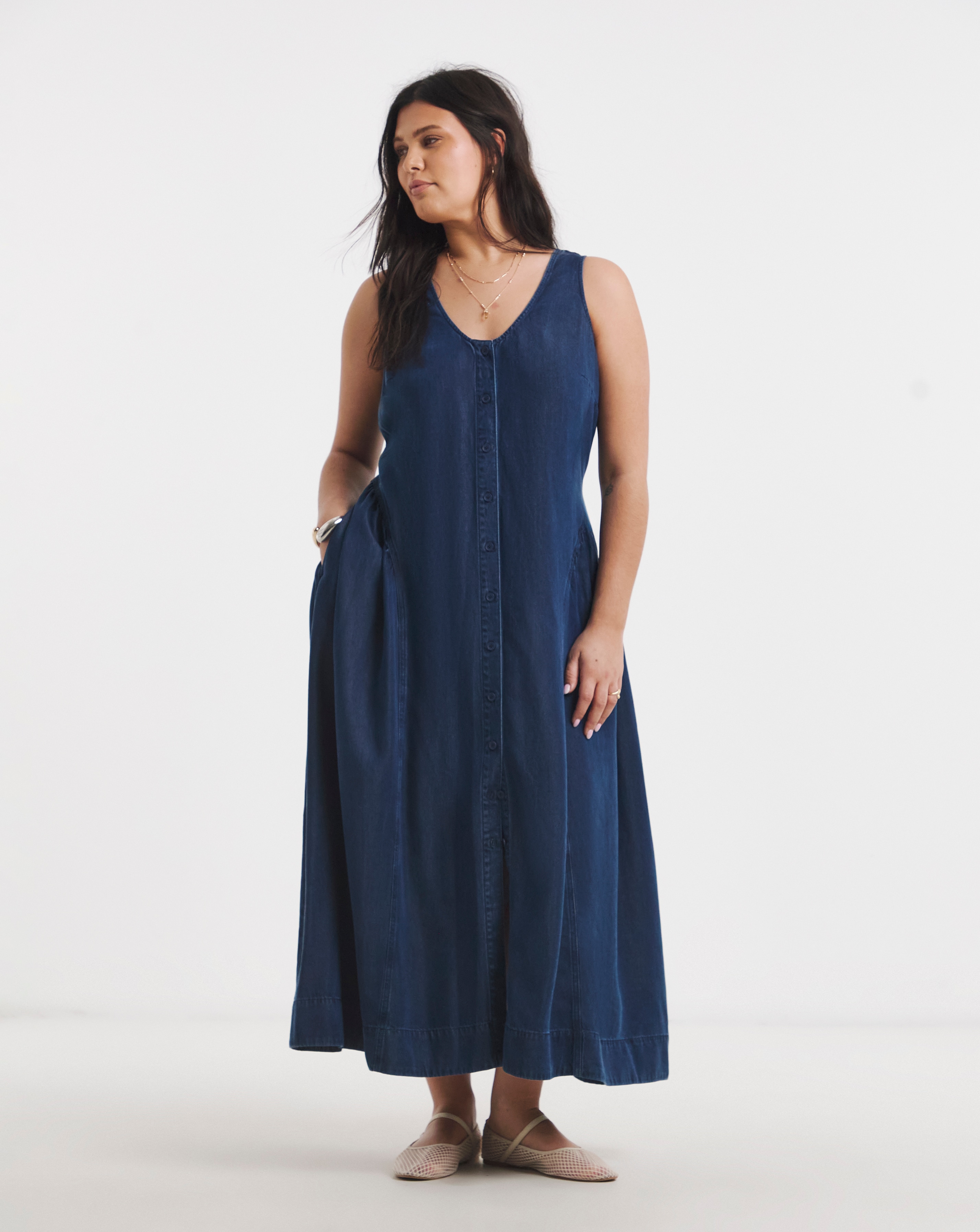 New In - Indigo Tencel Button Through Midi Dress