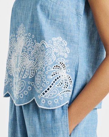 Light Wash Chambray Palm Tree Broderie Top