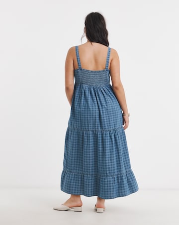 Blue Gingham Sleeveless Denim Midi Dress