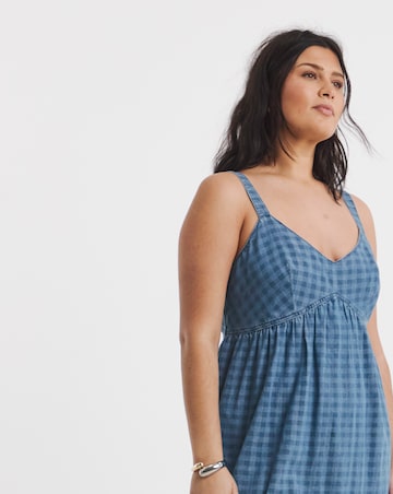 Blue Gingham Sleeveless Denim Midi Dress