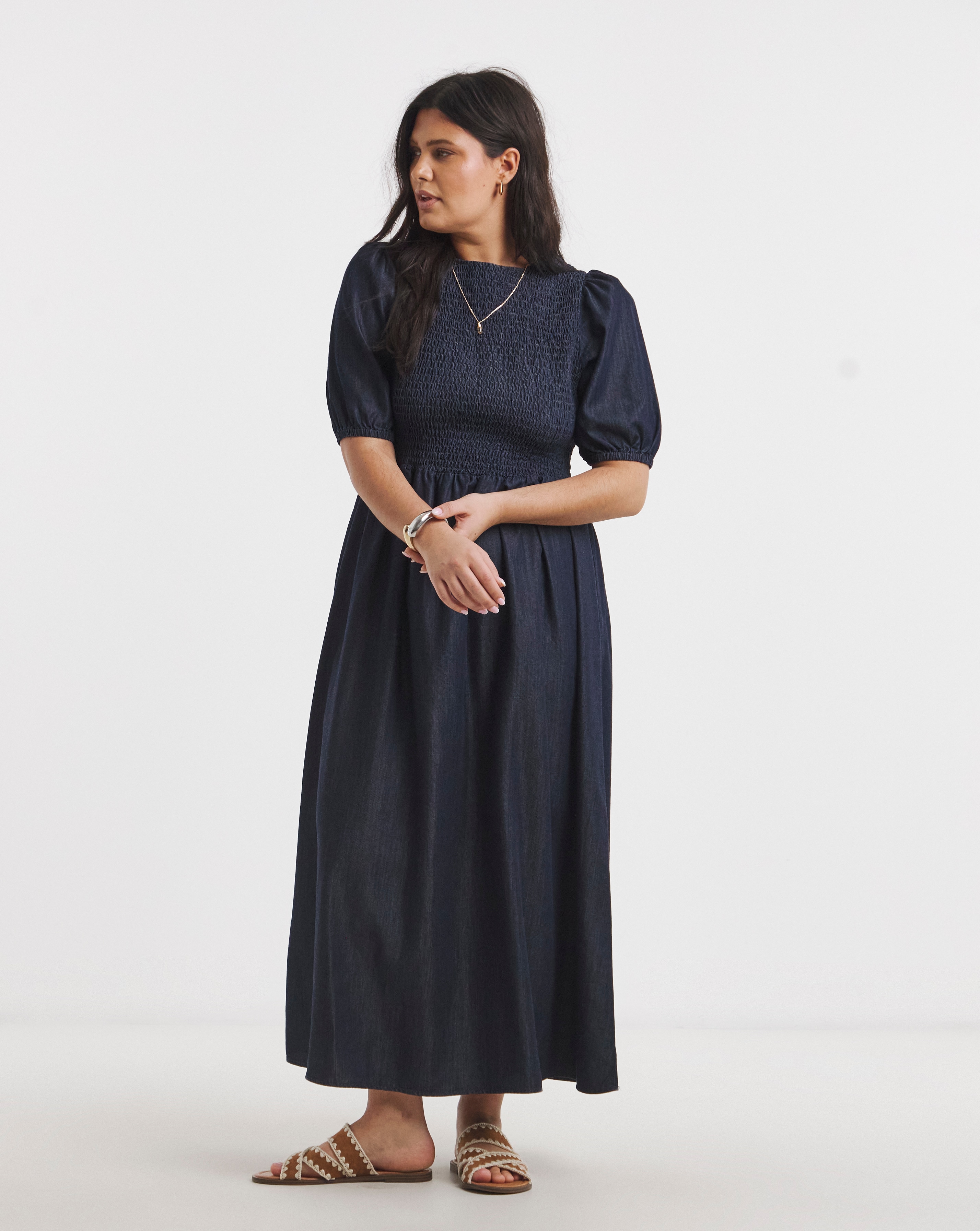 Indigo Denim Soleil Shirred Midaxi Dress
