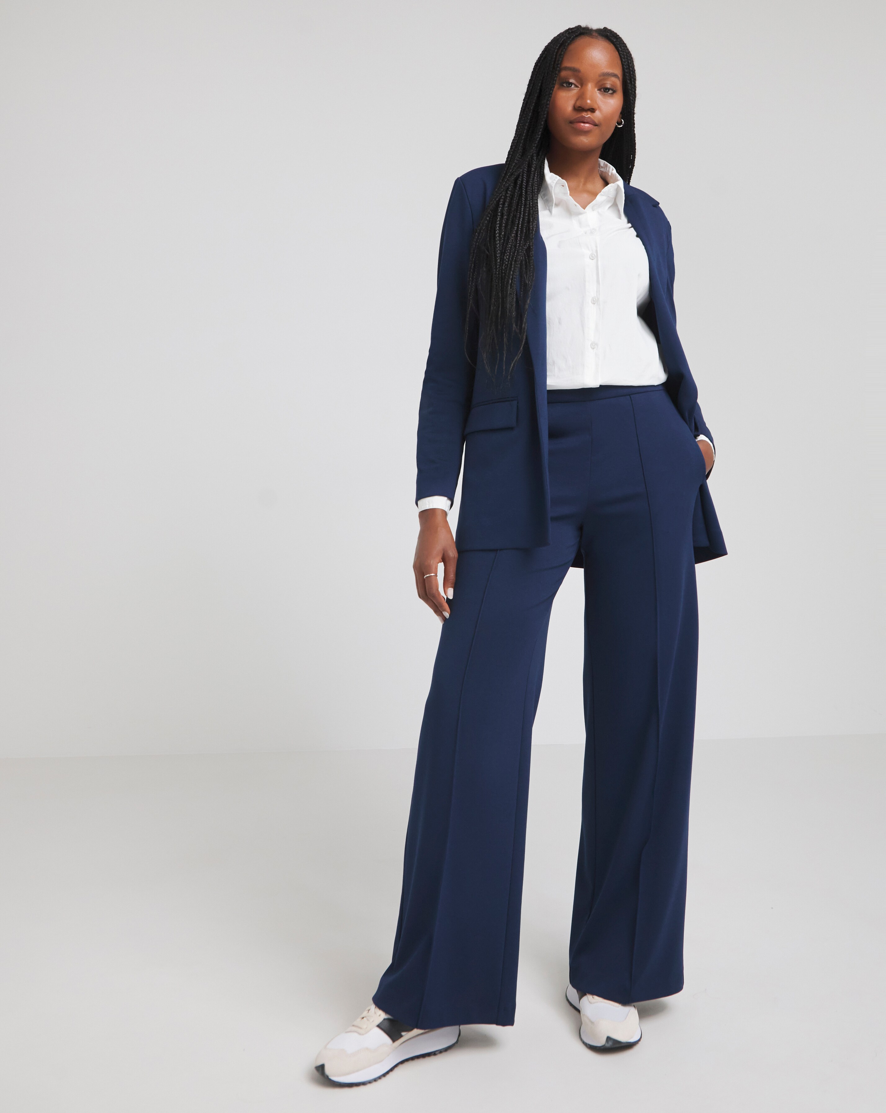 Navy wide leg trousers discount