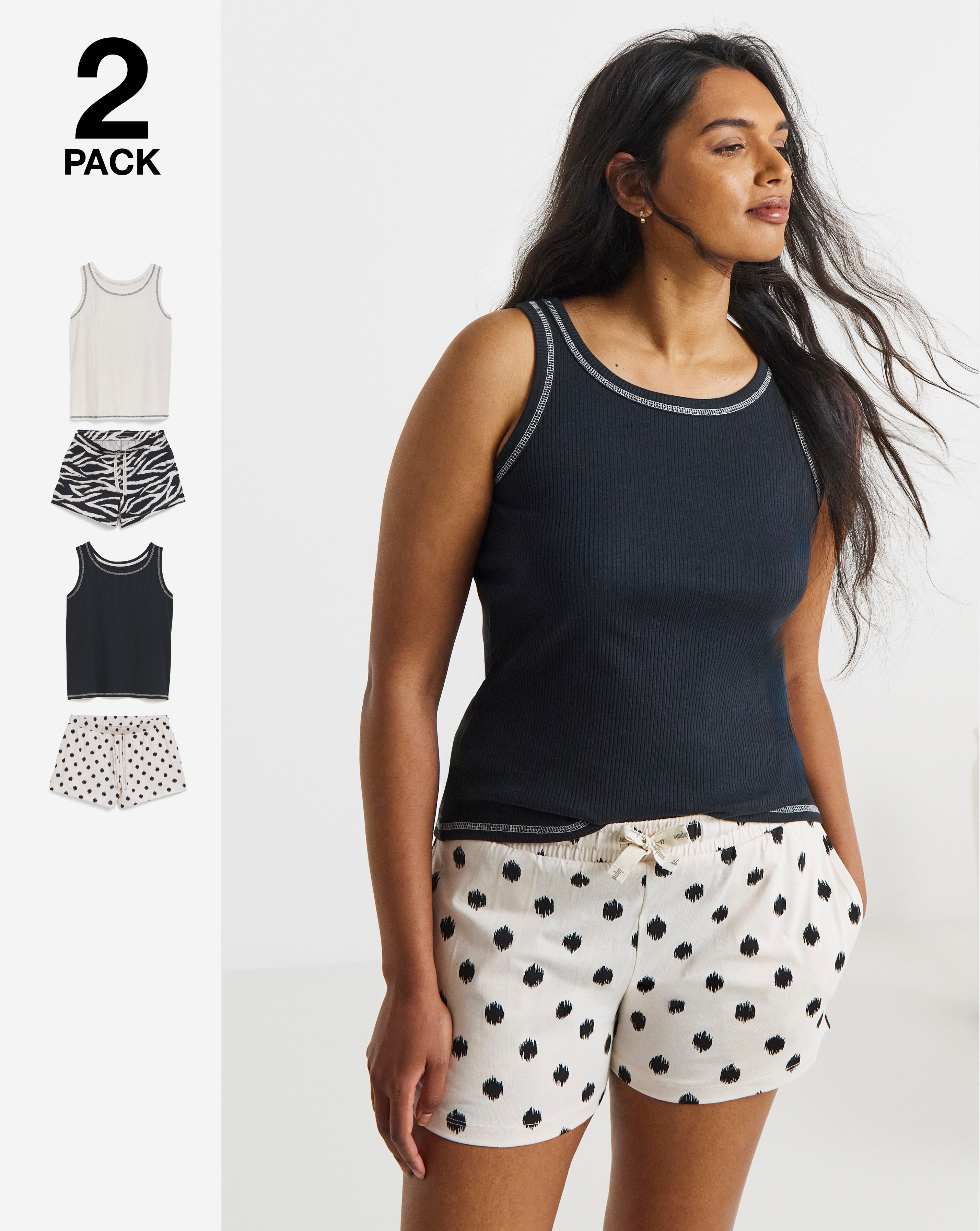 2 Pack Ribbed Vest Shortie Set