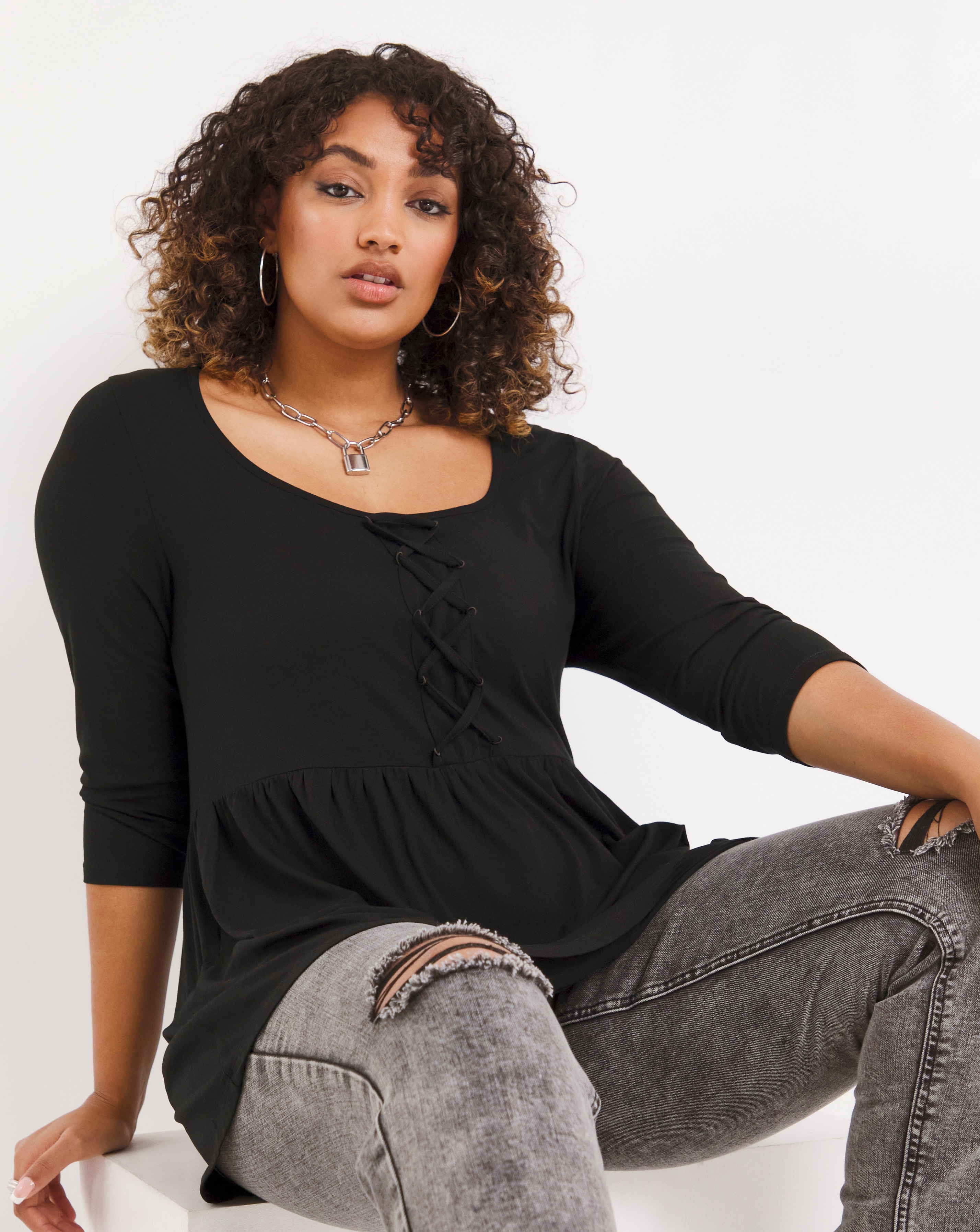 Black 3/4 Sleeve Lace Up Longline Tunic