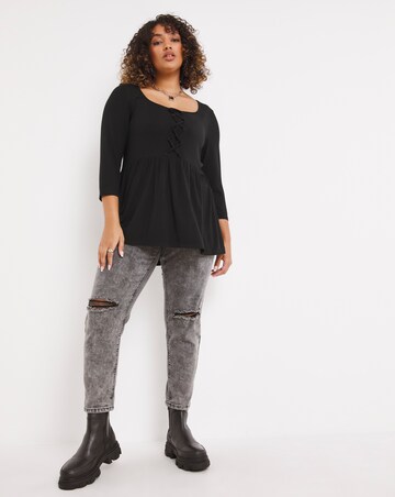 Black 3/4 Sleeve Lace Up Front Longline Tunic Top
