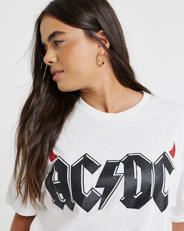 White ACDC Devil Horns Glitter Print License T-Shirt