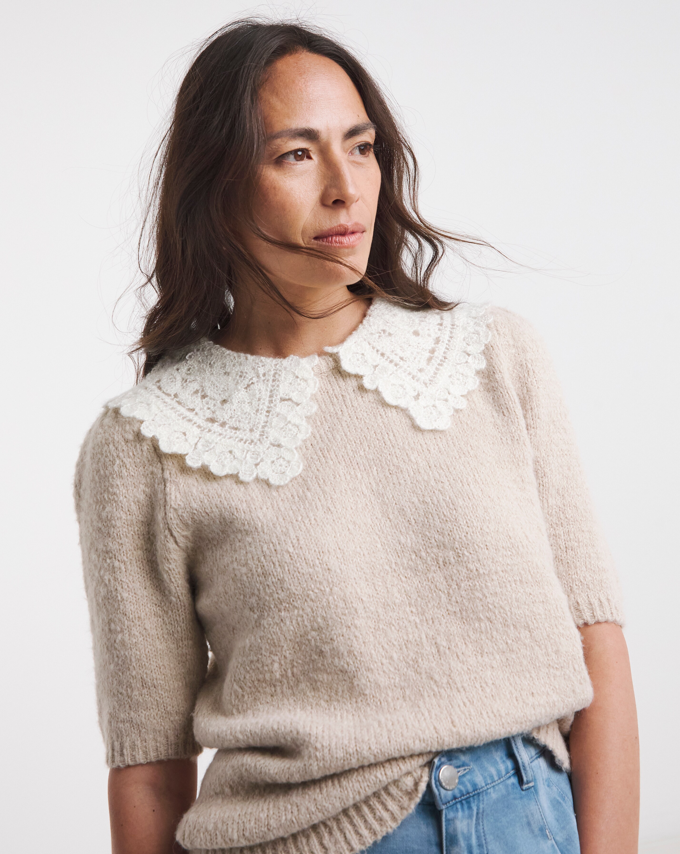 Crochet Collar Short Sleeve Jumper