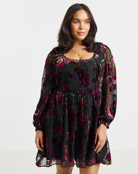 New In - Simply Be Floral Burnout Lace Trim Dress