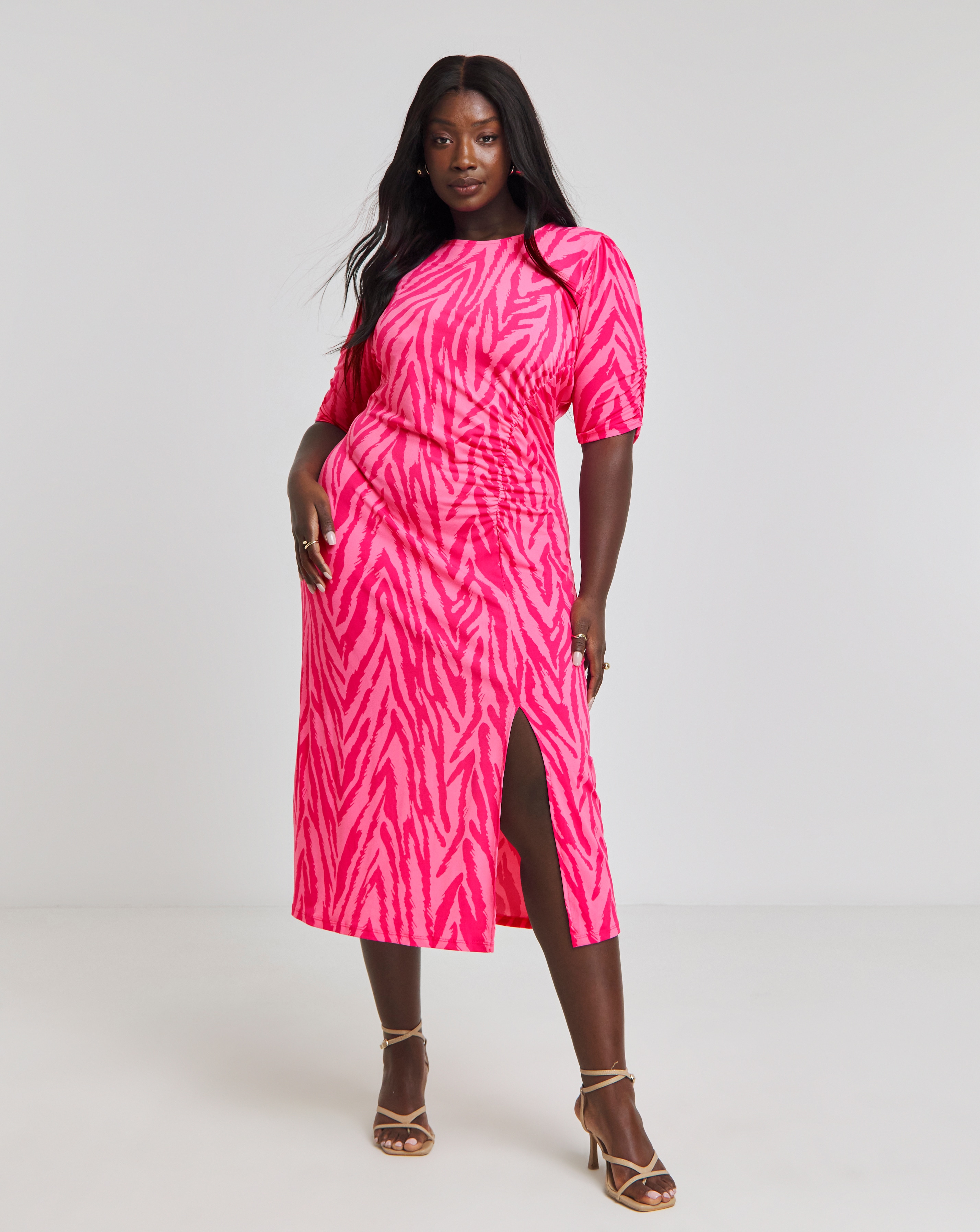 Pink Zebra Print Slinky Midi Dress