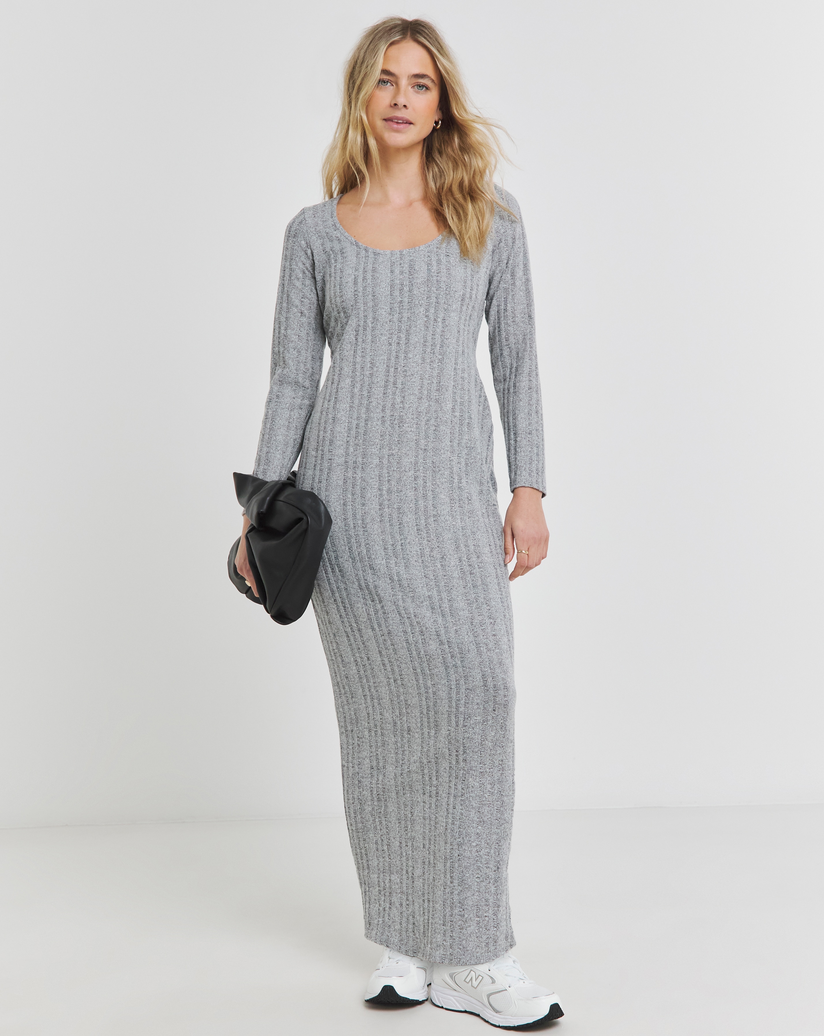 Grey Scoop Neck Rib Maxi Dress