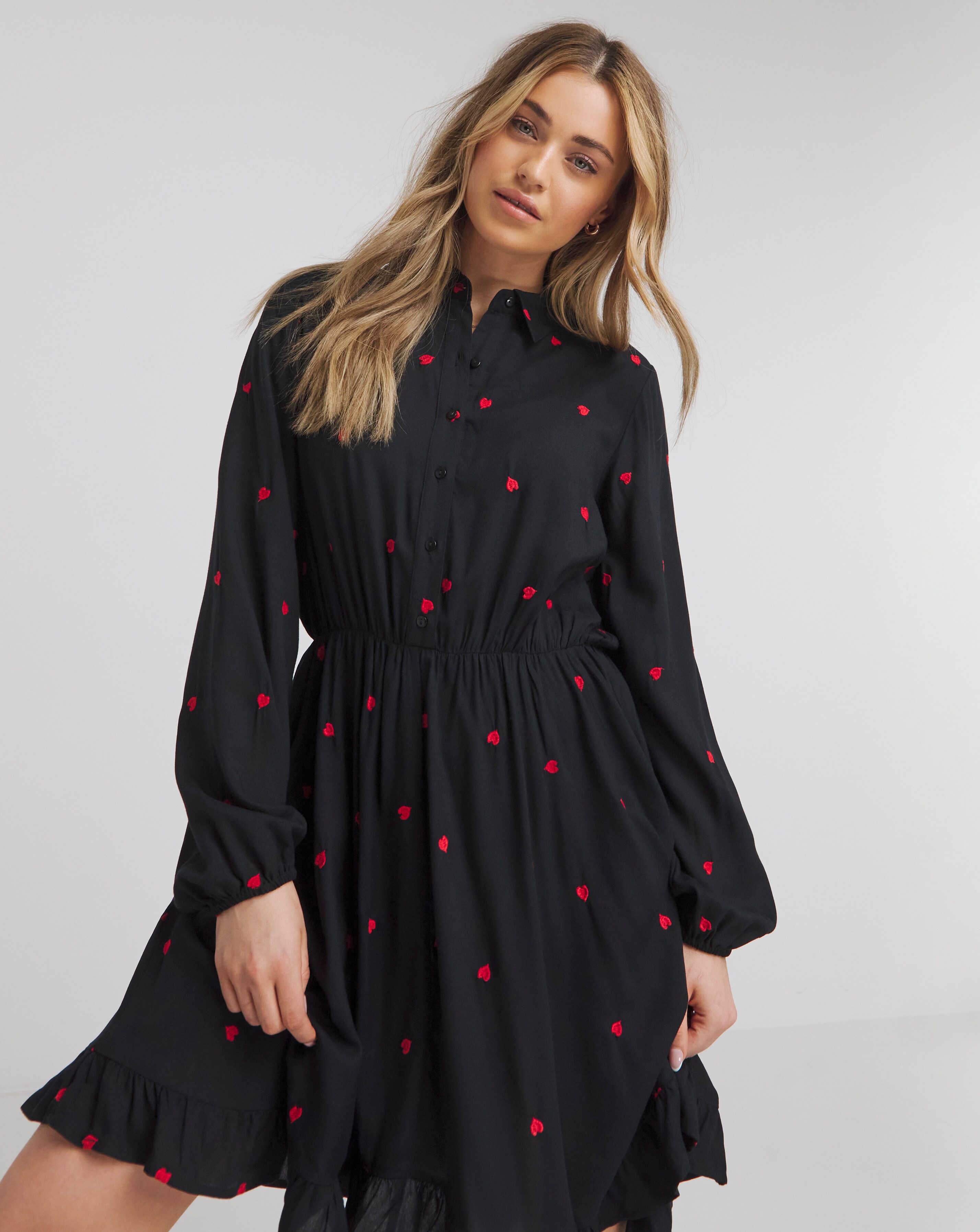 Black Embroidered Heart Shirt Dress