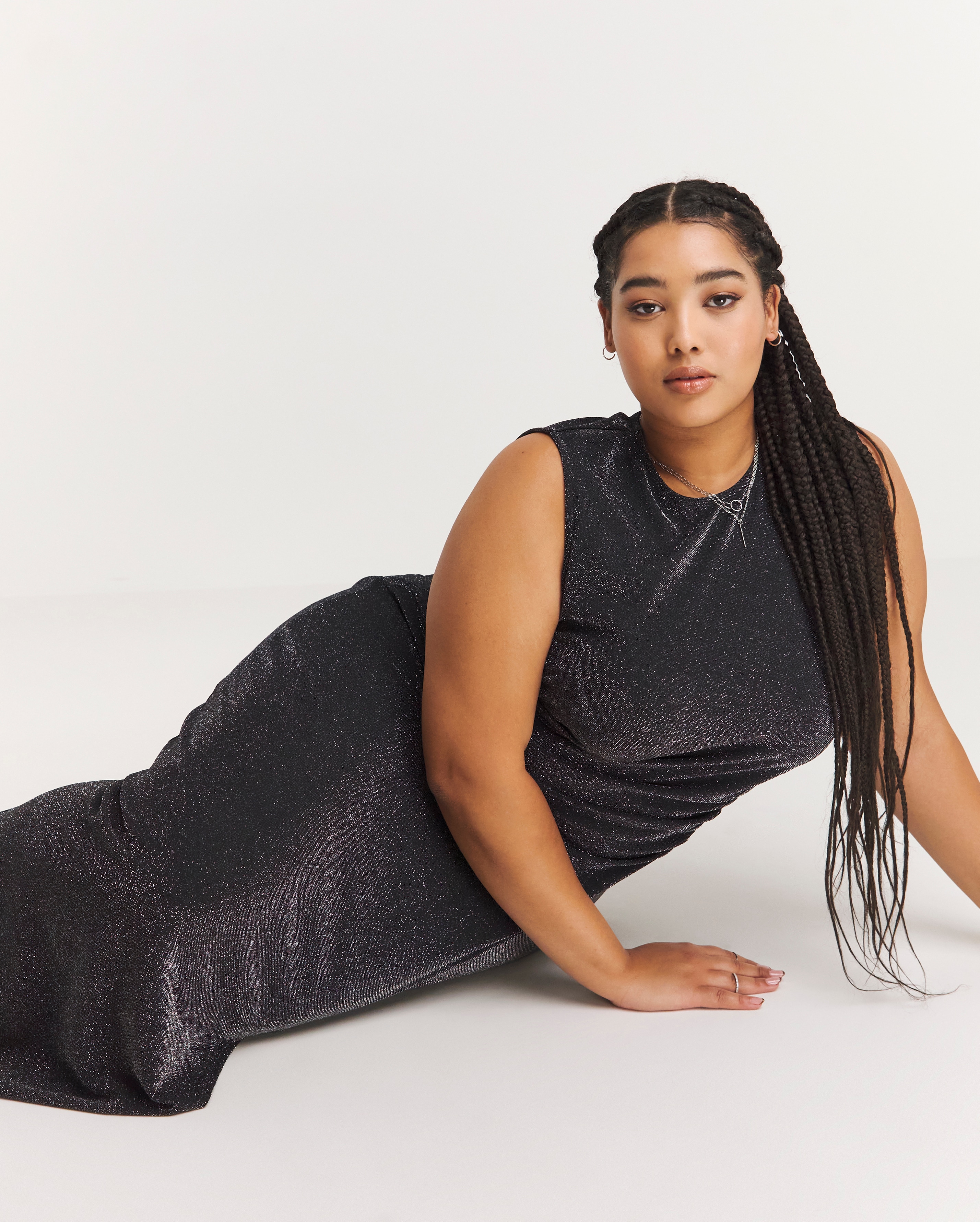 Black Glitter Knit Split Maxi Dress