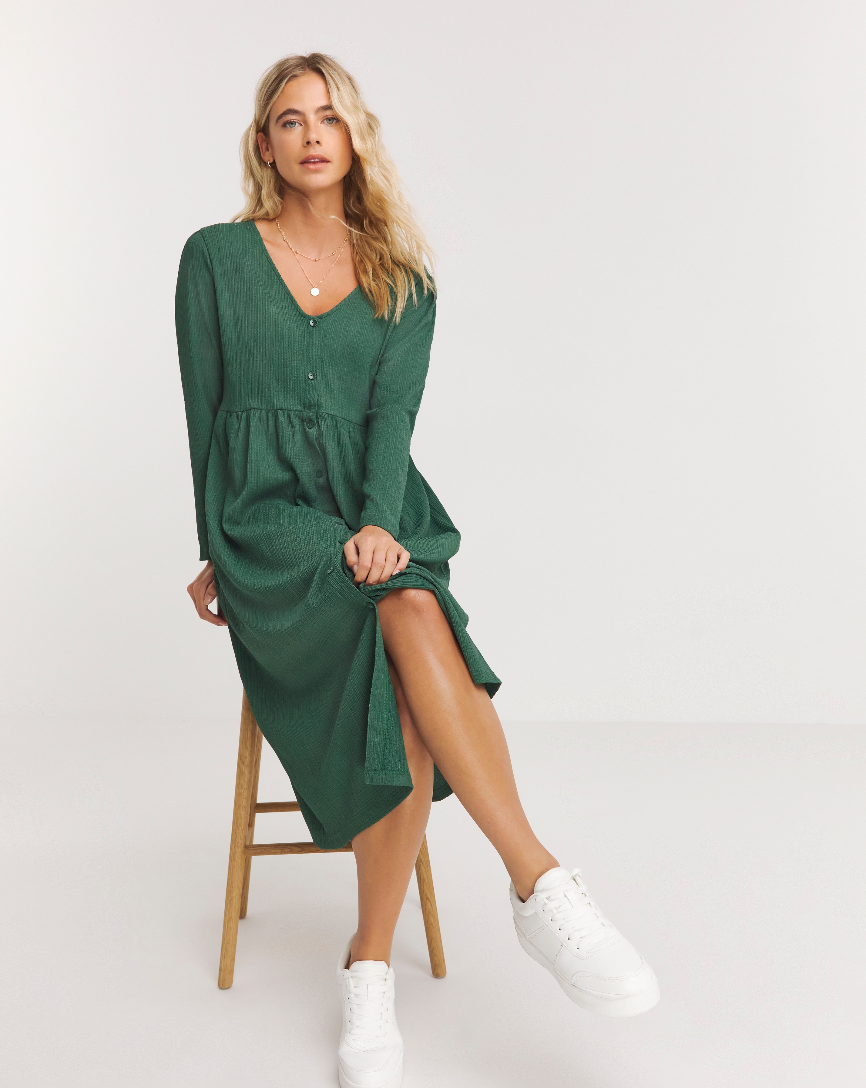 Green Waffle Button Up Midi Dress