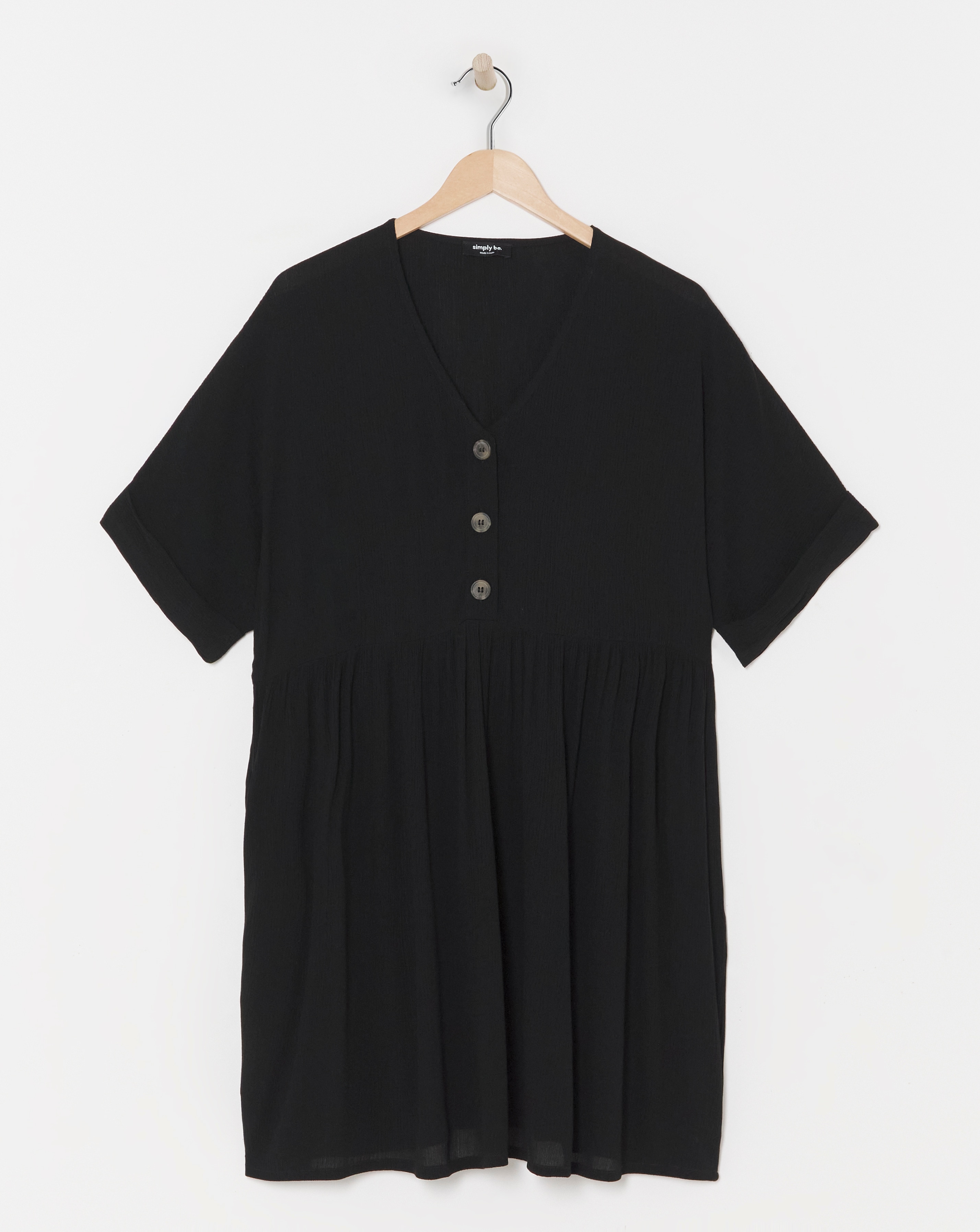 Black Crinkle Button Through Smock Dress