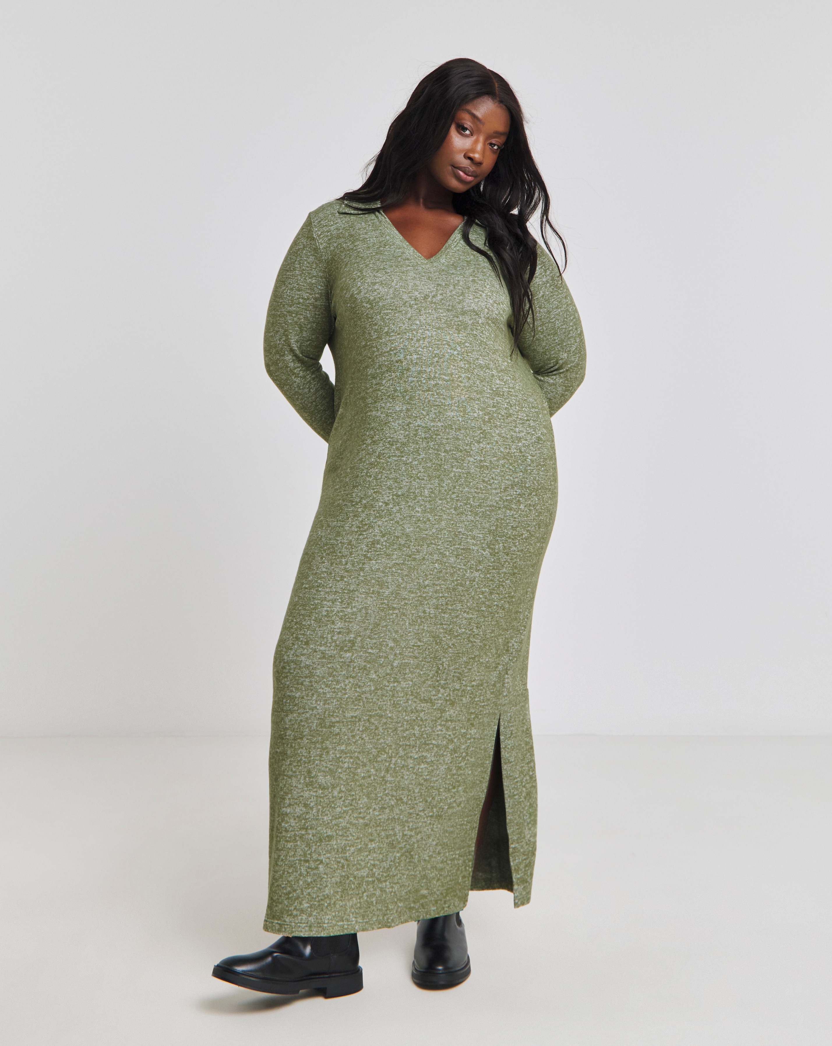 Cosy Khaki Marl Collared Maxi Dress