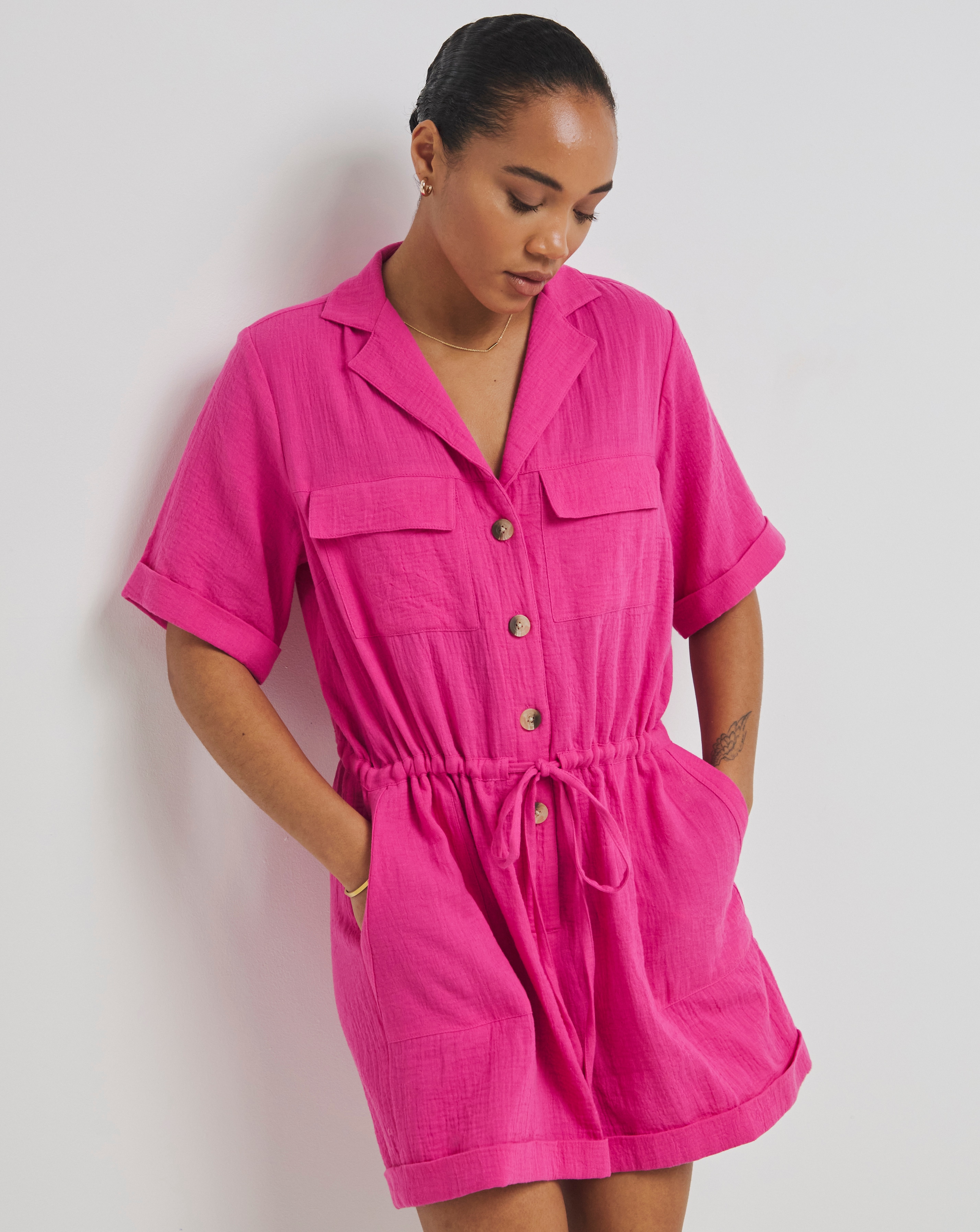Pink Cheesecloth Button Up Playsuit