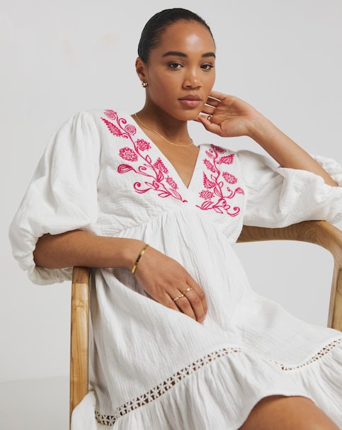 White Embroidered Smock Dress