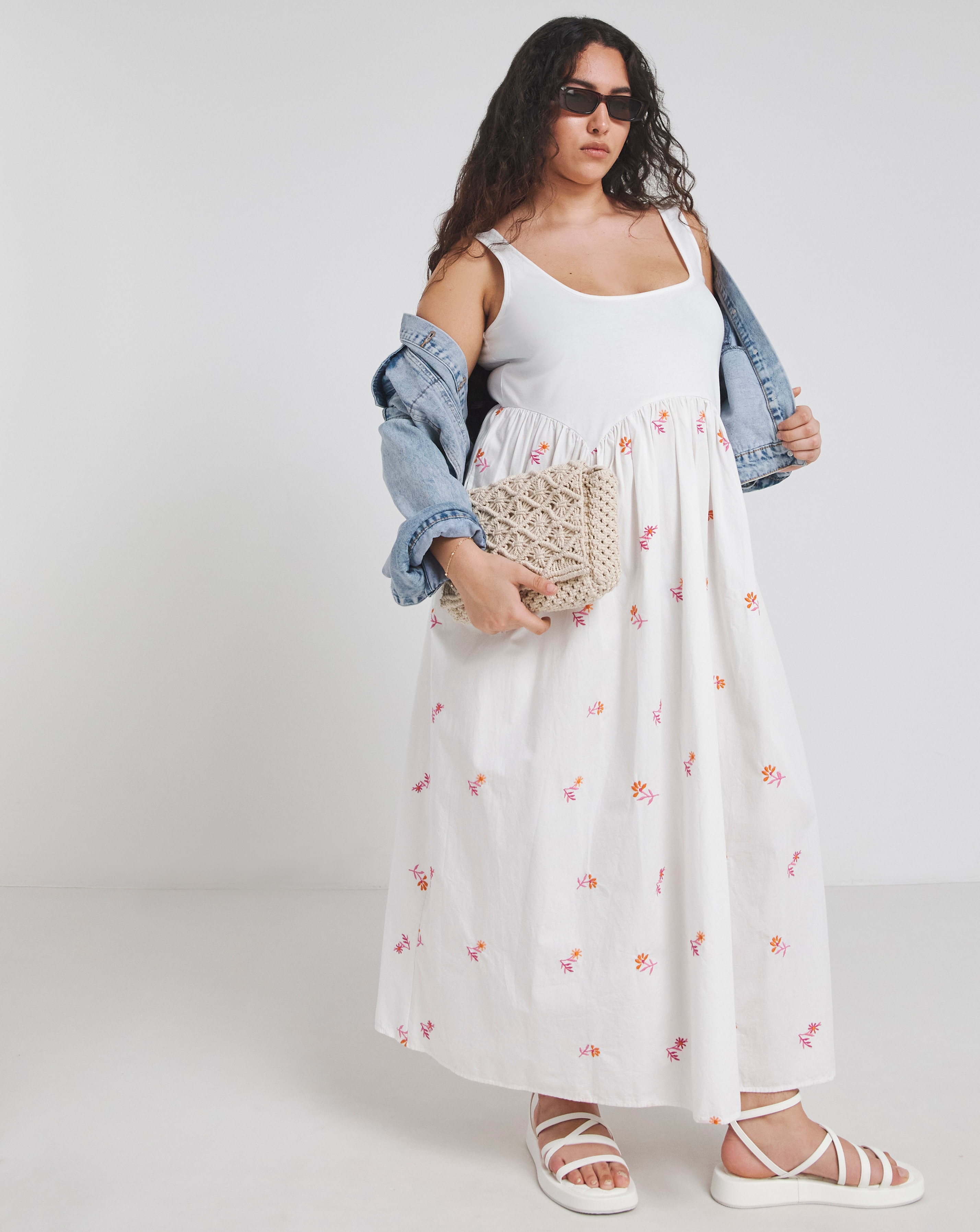 White Embroidered Floral Midi Dress