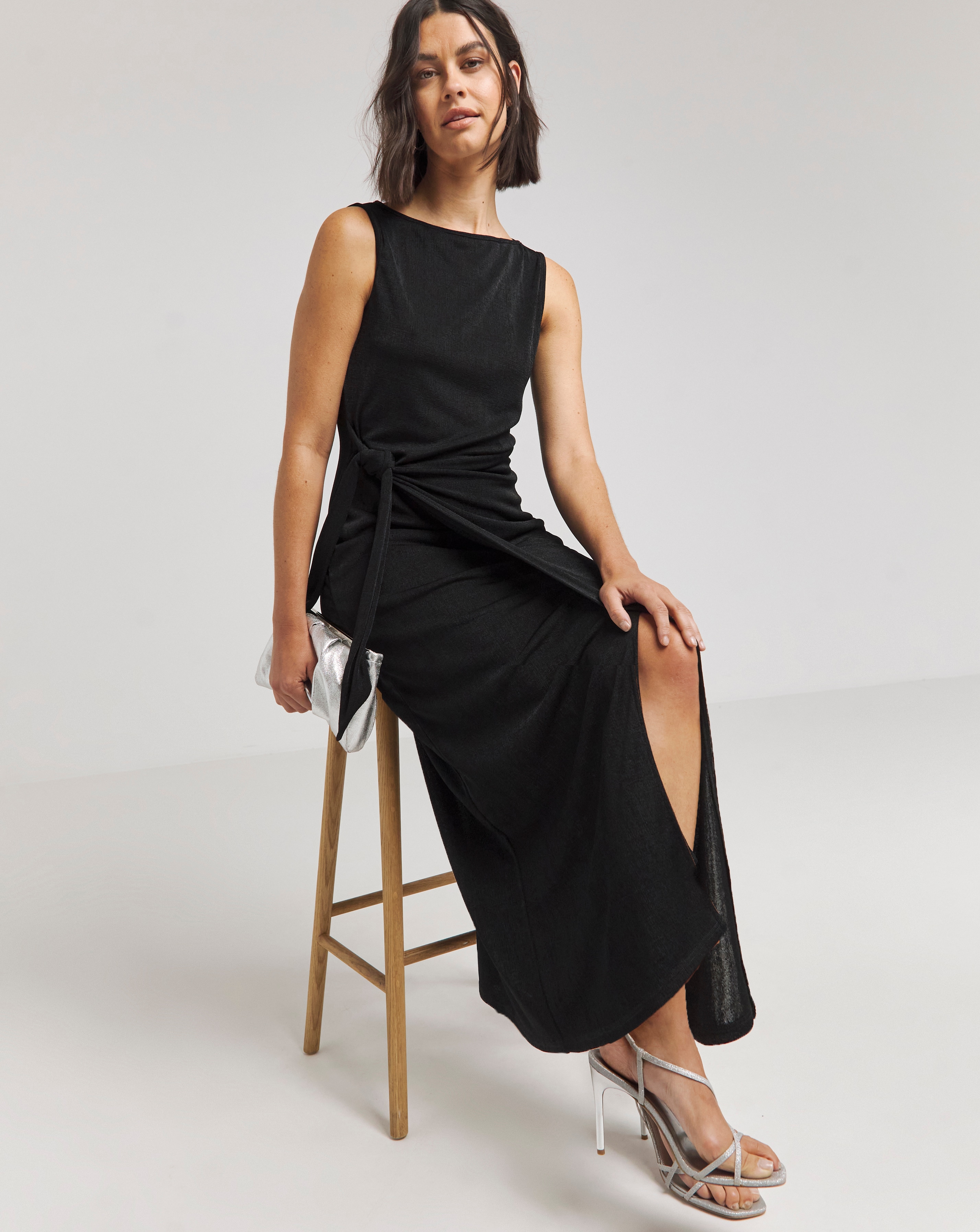 Black Slinky Tie Front Maxi Dress