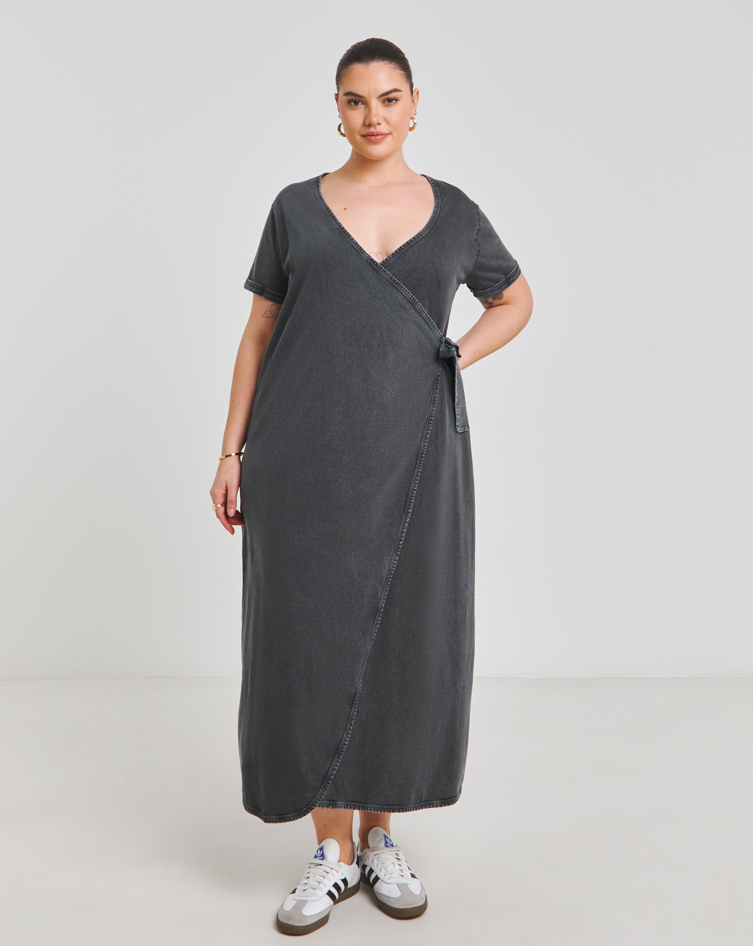 Acid Wash Cotton Jersey Wrap Midi Dress