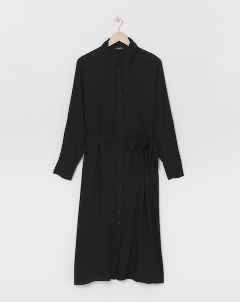 Black Tie Waist Midi Shirt Dress