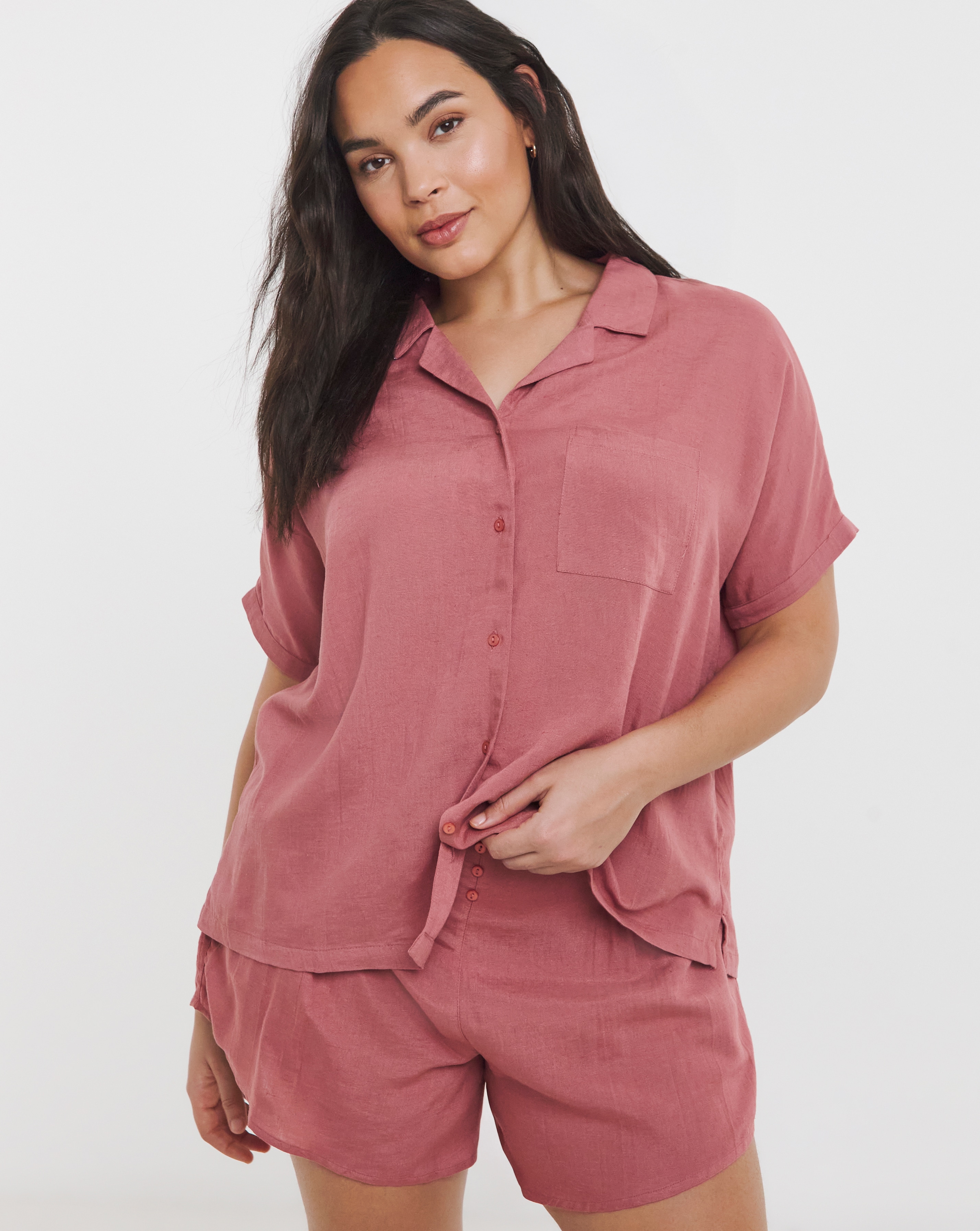 Linen Blend Button Up Shortie Set