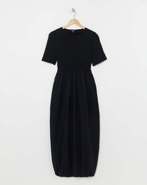 Jersey Poplin Mix Puffball Midi Dress