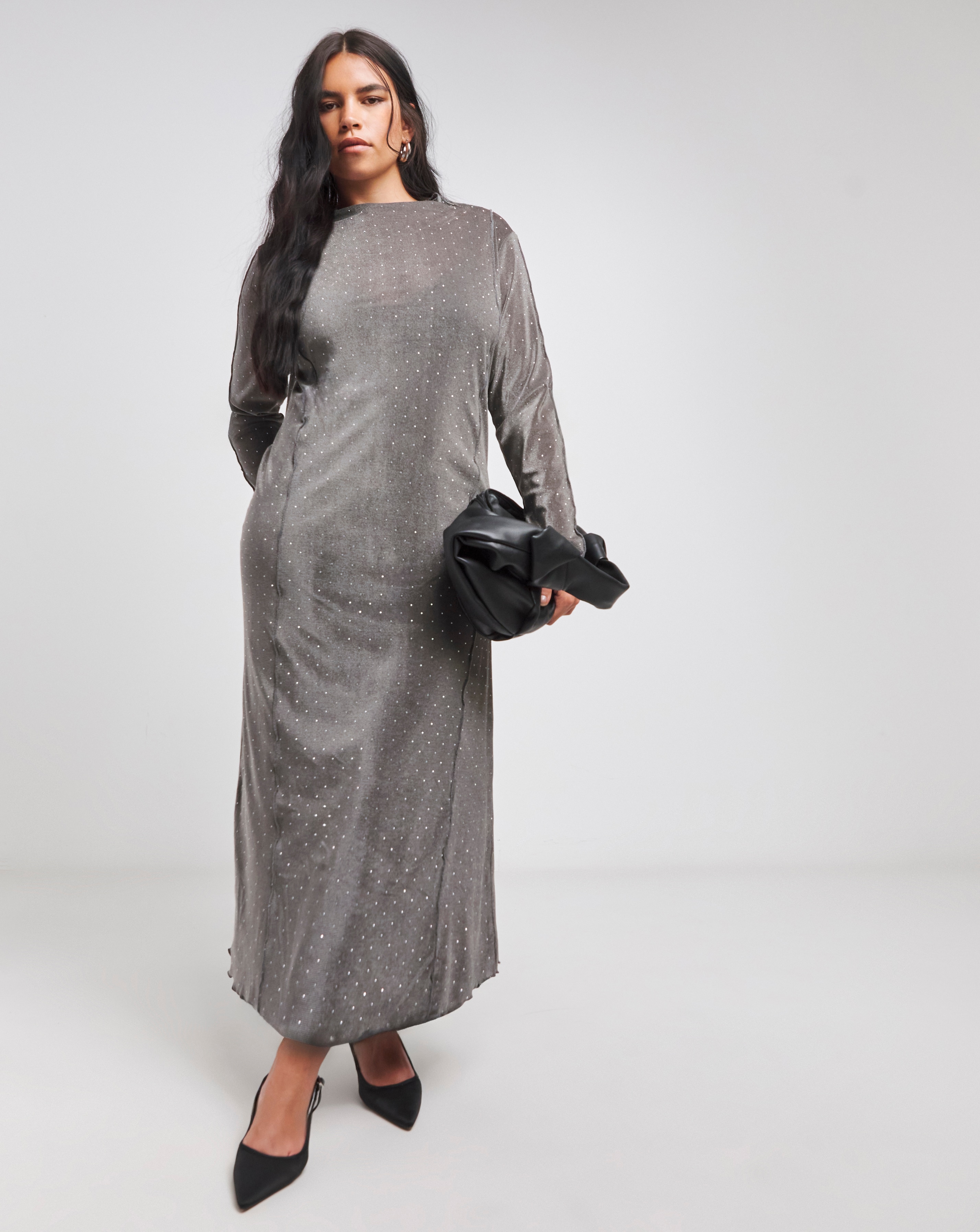 Grey Embellished Mesh Midaxi Dress