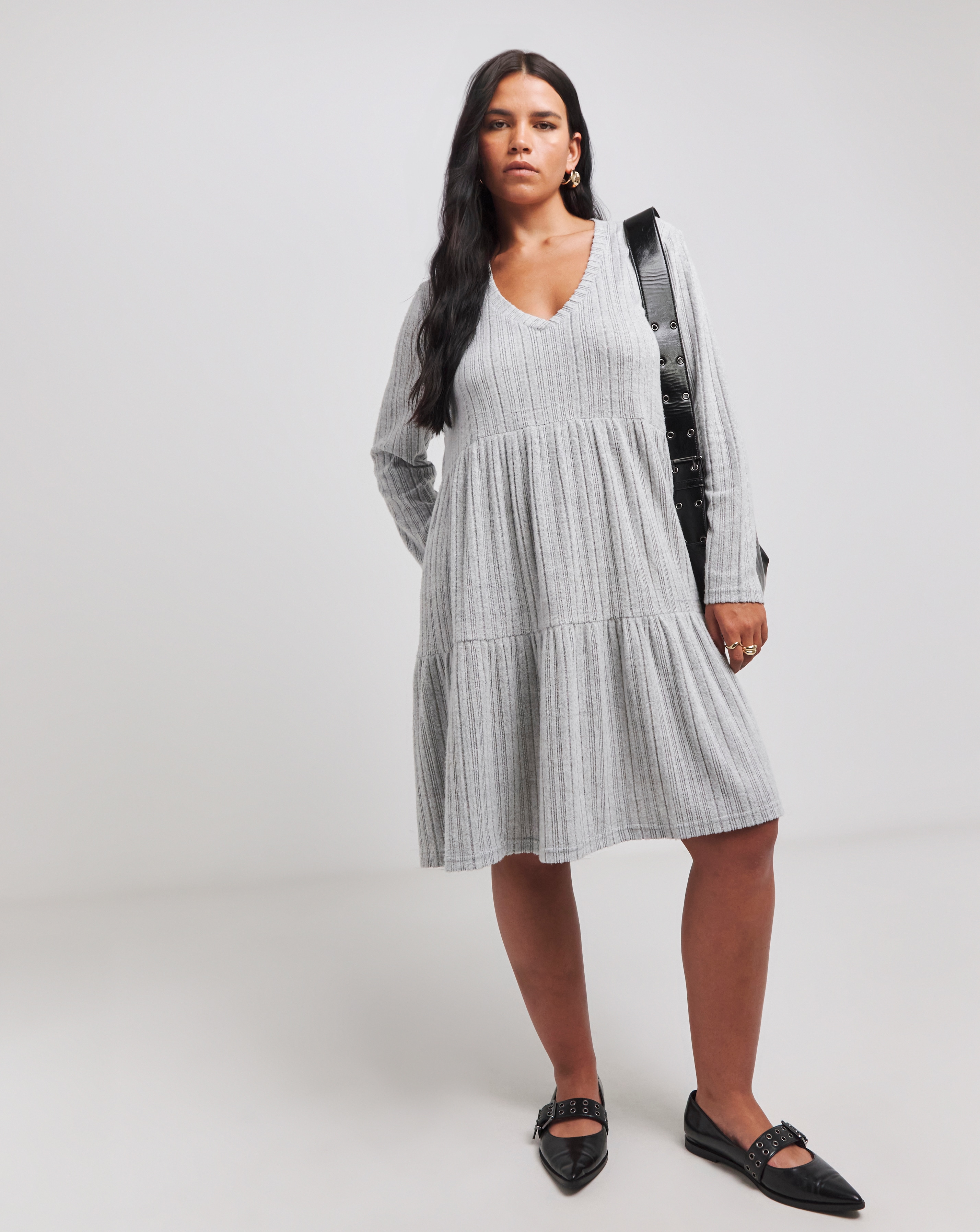 Grey Ribbed Smock Dress