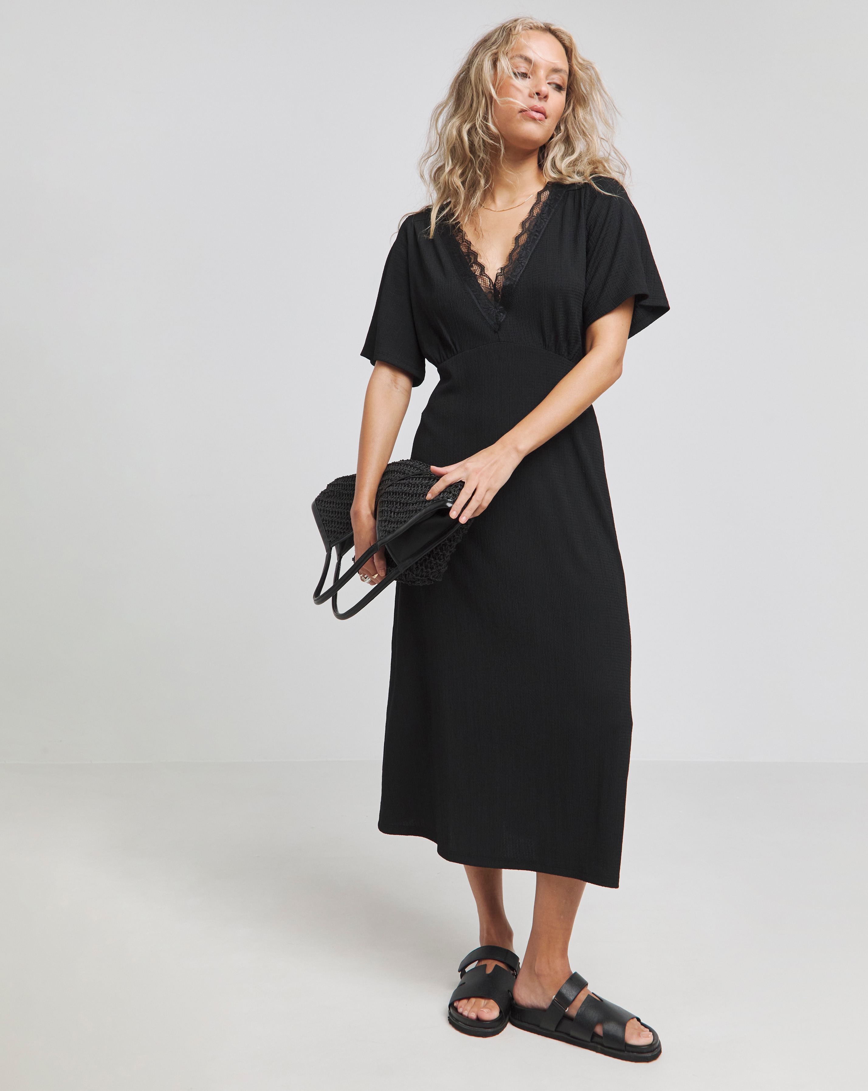 Waffle Lace Trim Midi Dress