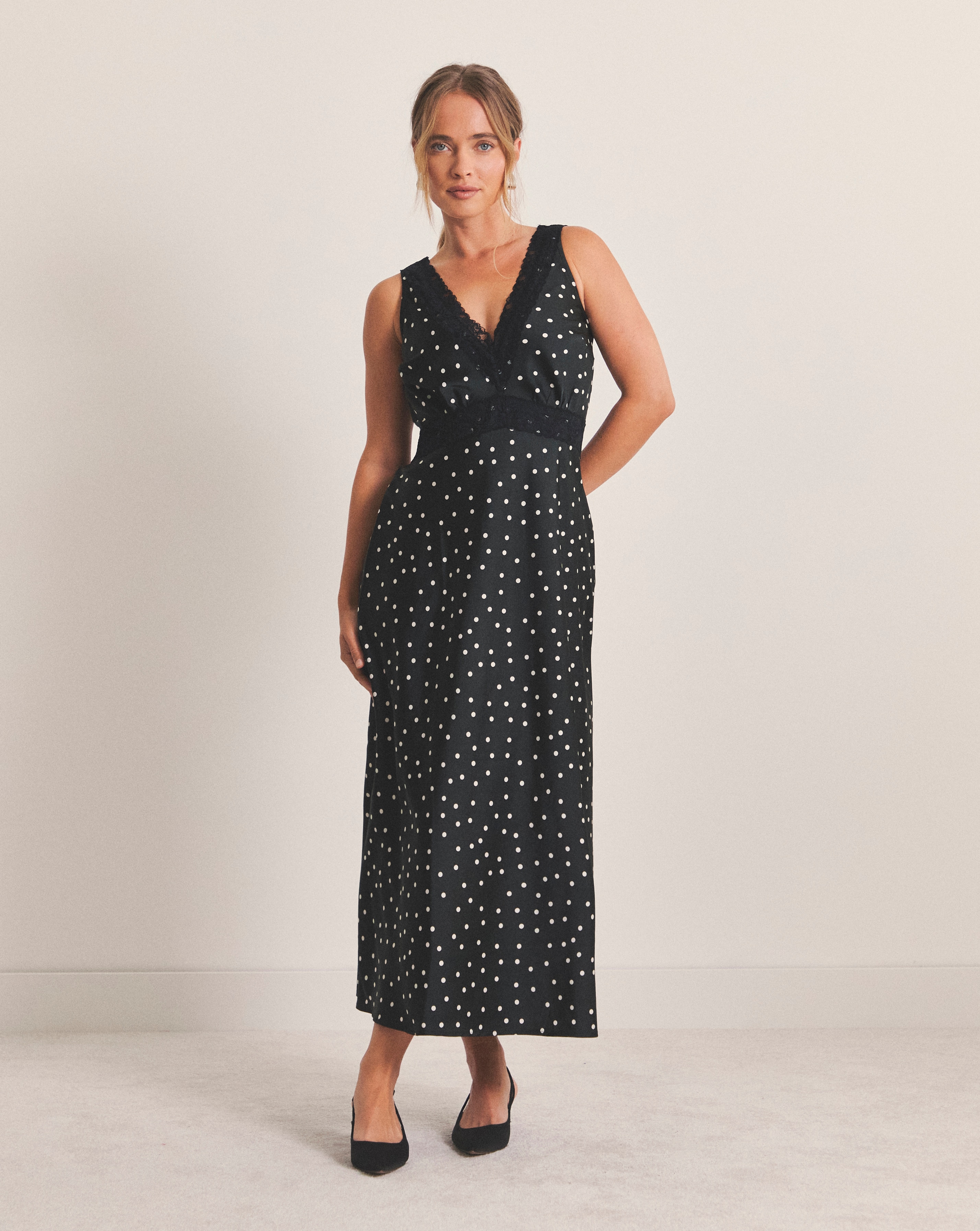 Spot Print Lace Trim Slip Dress