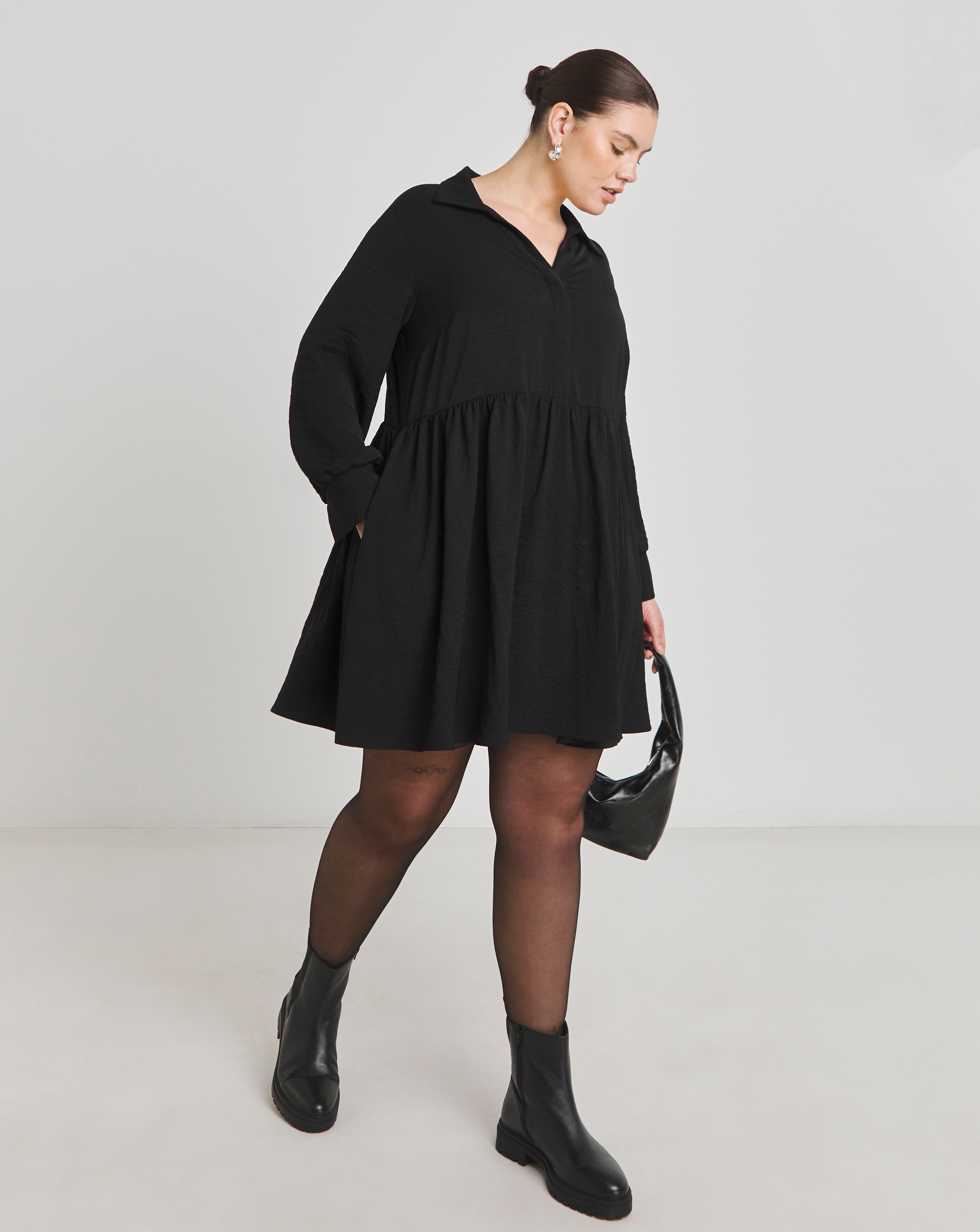 Black Herringbone Smock Dress
