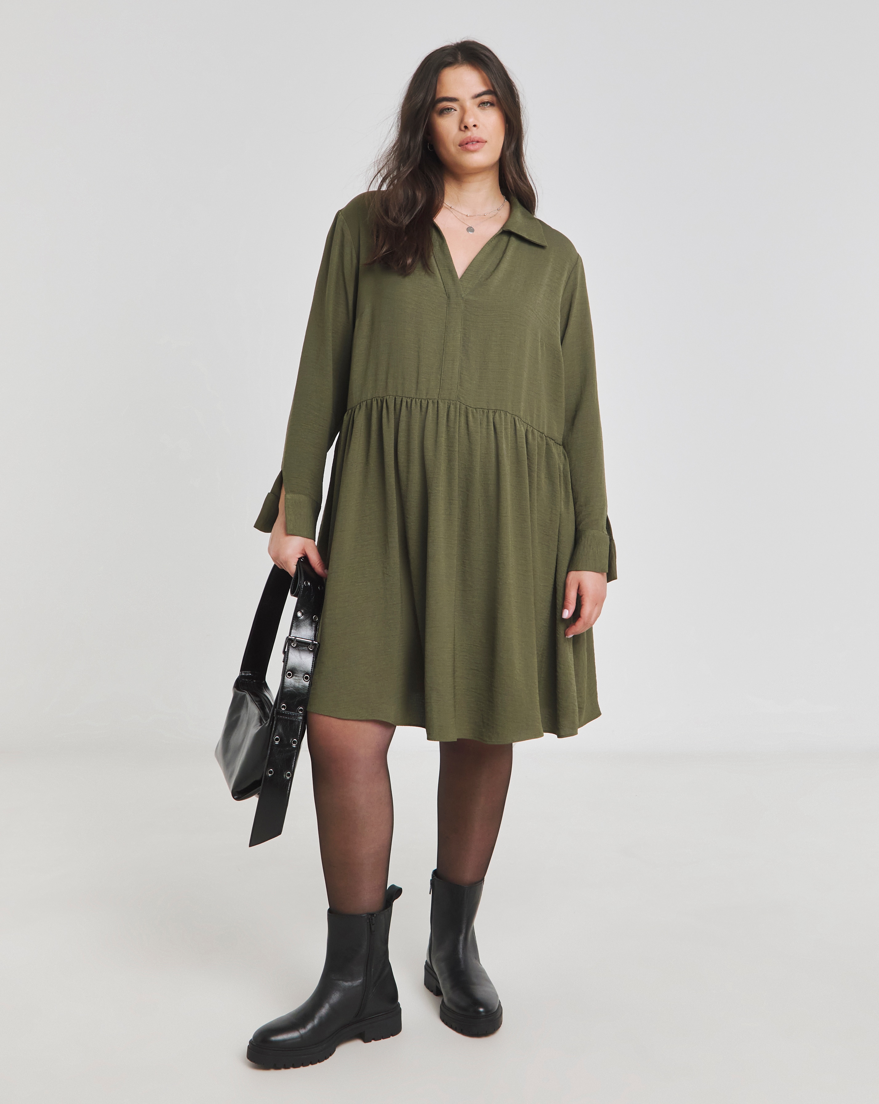 Khaki Herringbone Smock Dress